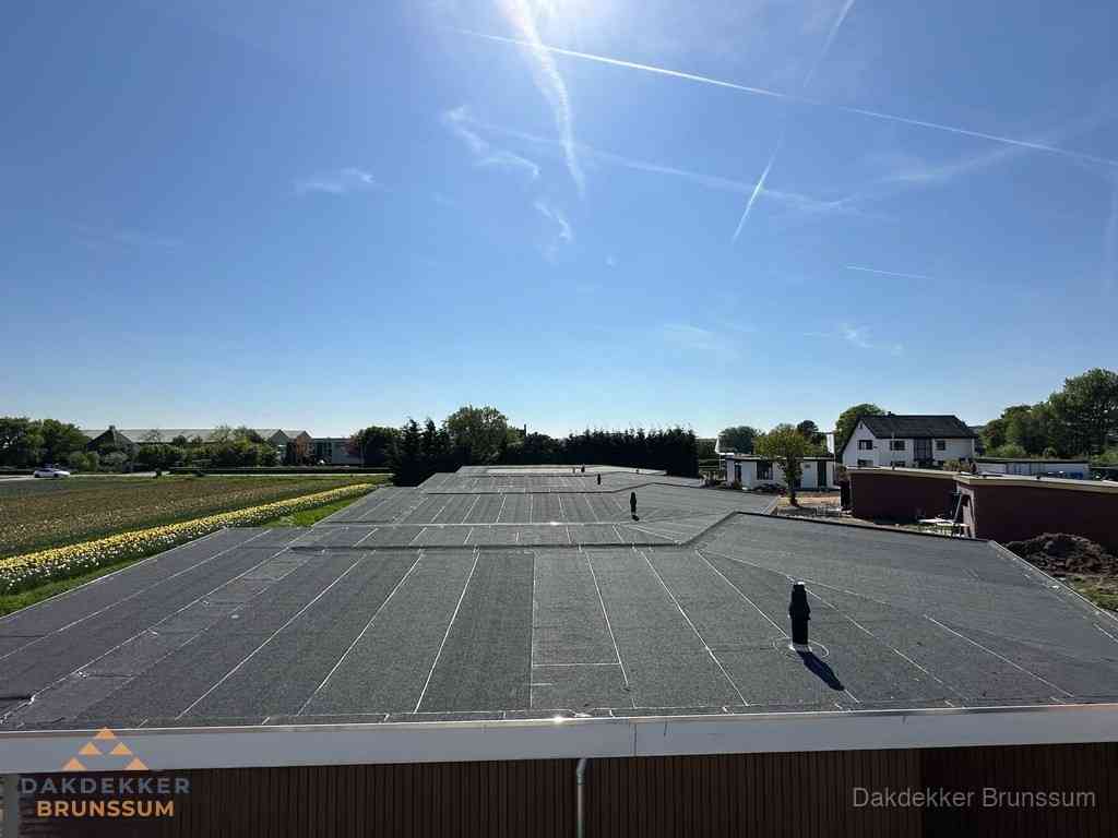 Groot plat dak met bitumen dakbedekking op bedrijfspand in Brunssum