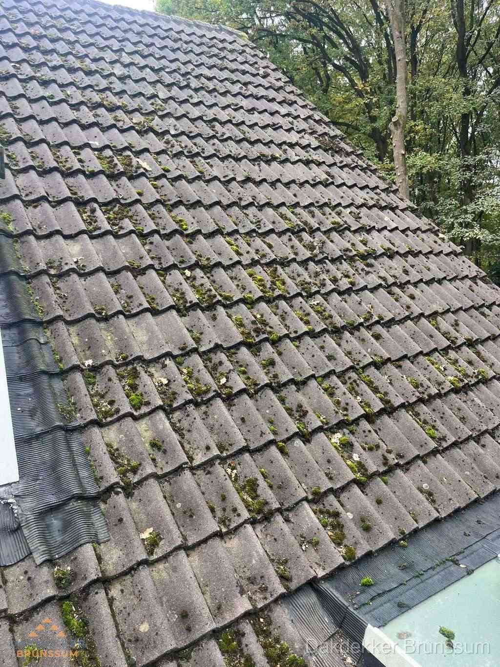 Verweerd pannendak met mosgroei dat renovatie nodig heeft in Brunssum